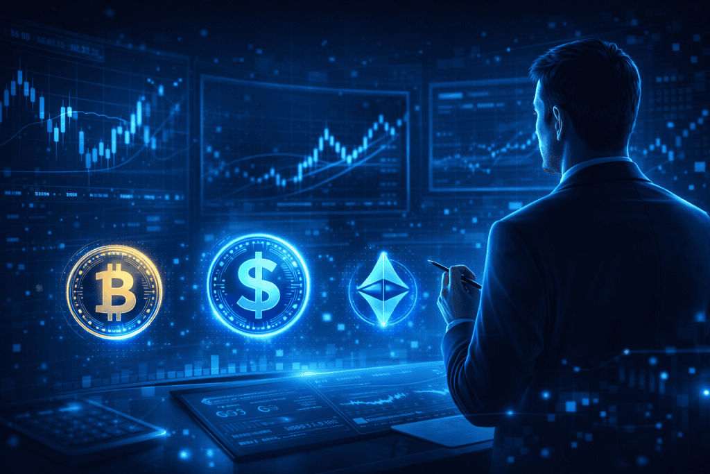Investor analyzing crypto charts with glowing stablecoin token icons.