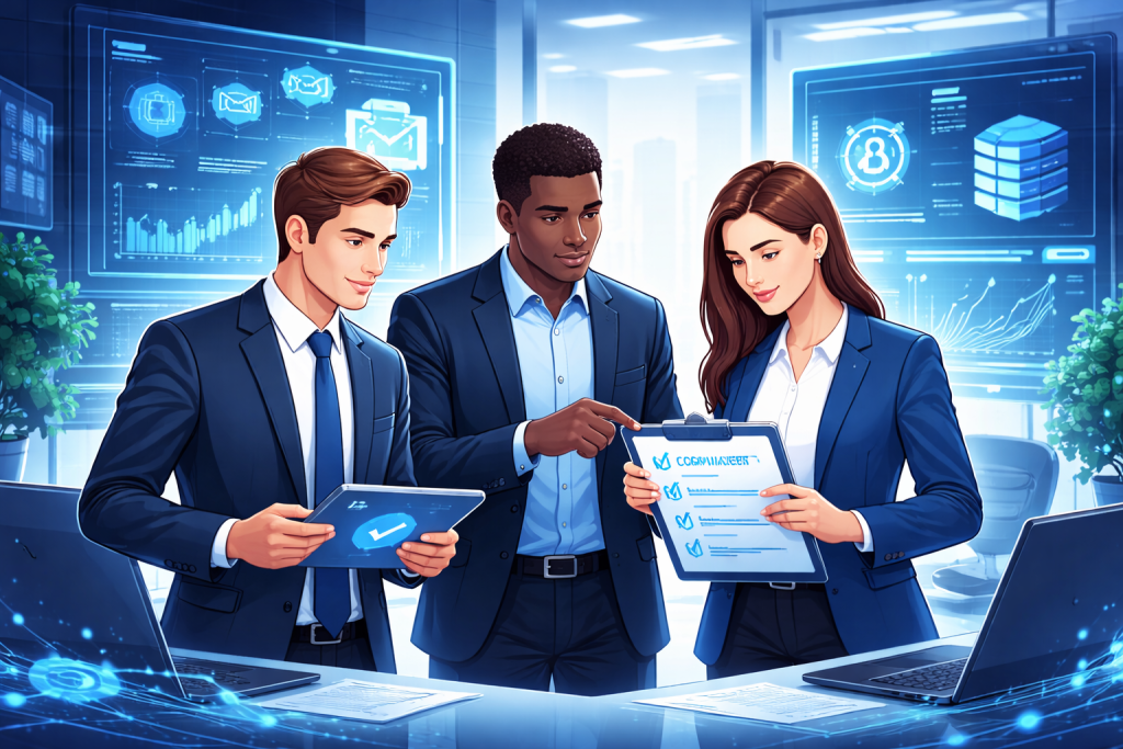 Team reviews digital asset compliance checklist on tablets and clipboard.