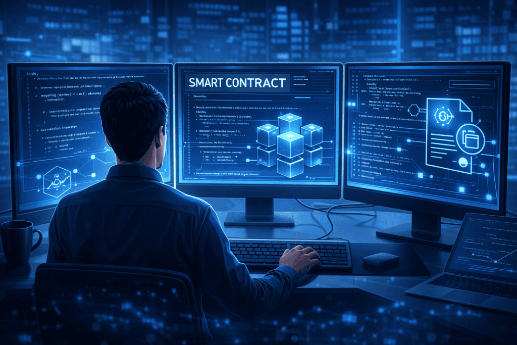 Developer codes smart contracts across multiple blue-lit monitors.
