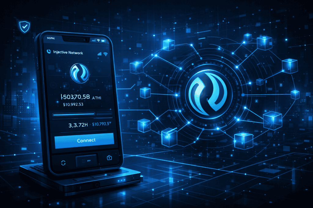 Wallet interface connecting to Injection Protocol network with glowing blue nodes.