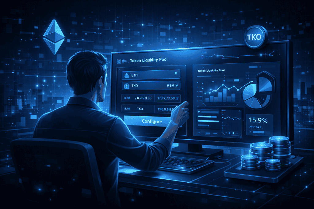 Developer configuring a DEX liquidity pool with glowing blue analytics panels.