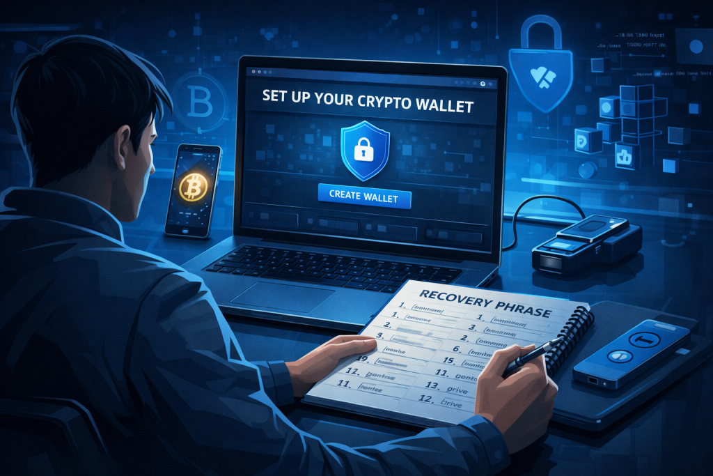 User writes recovery phrase while creating a secure crypto wallet.