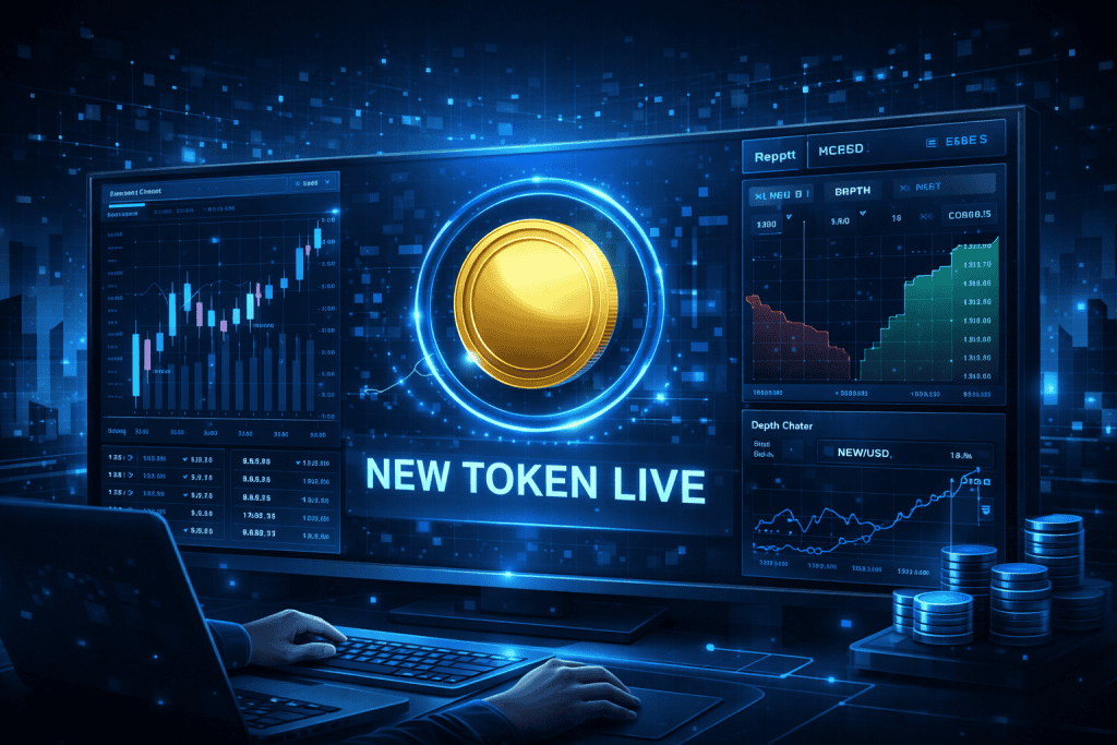 New token launches on DEX trading screen with glowing blue charts.