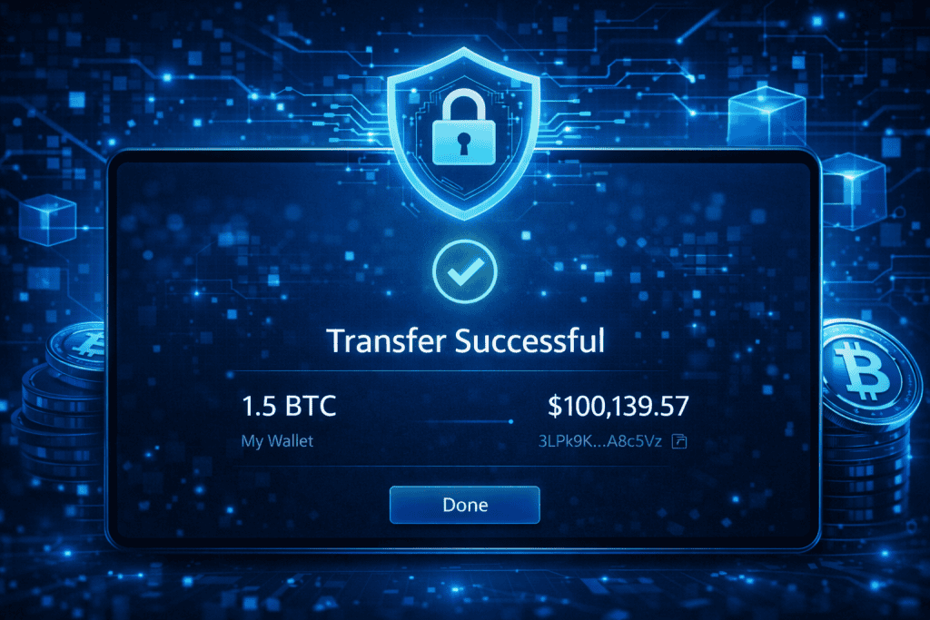 Secure crypto transfer confirmation screen with shield icon and success checkmark.