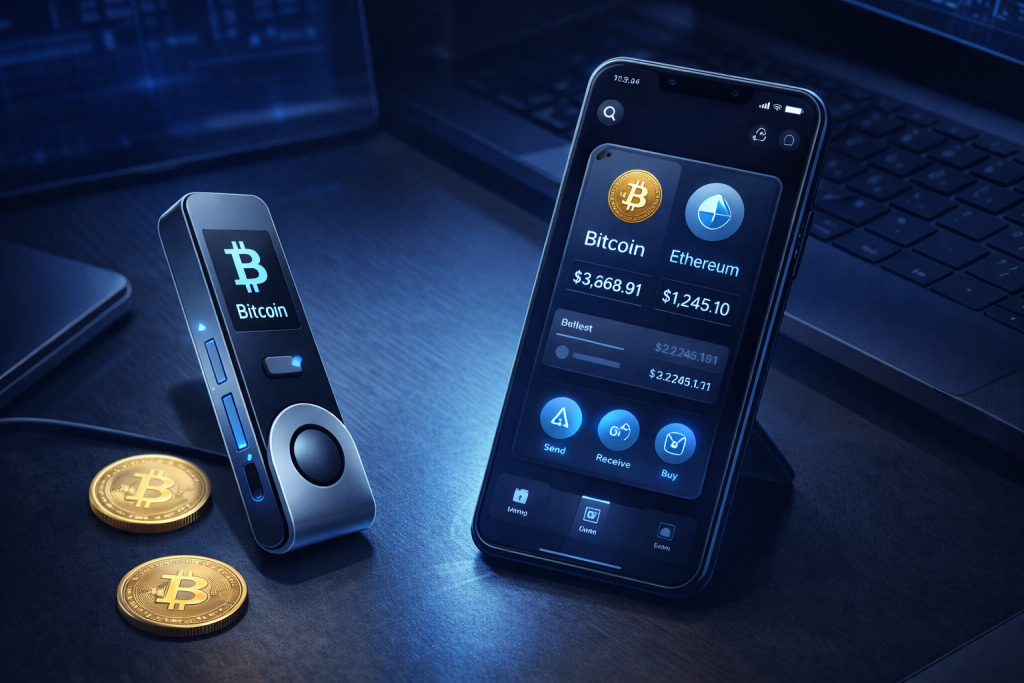 Hardware wallet and crypto wallet app on desk beside coins.