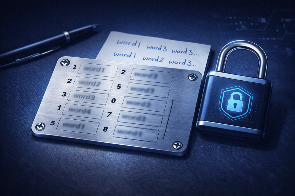 Metal seed backup plate securing handwritten crypto recovery phrase.