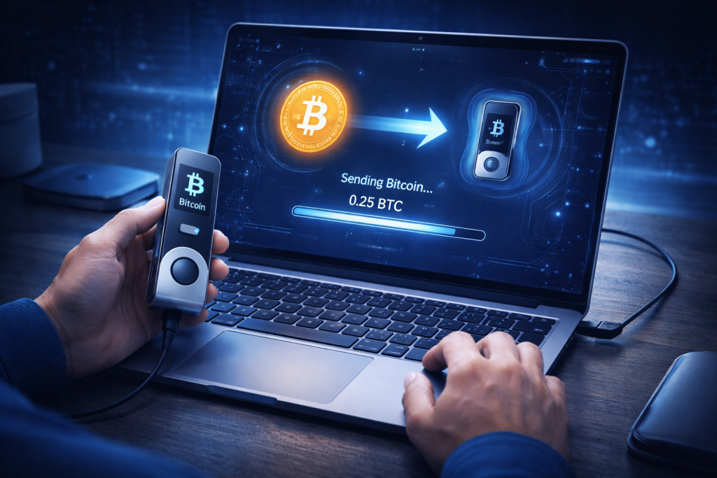 Person sends Bitcoin from laptop to hardware cold wallet.
