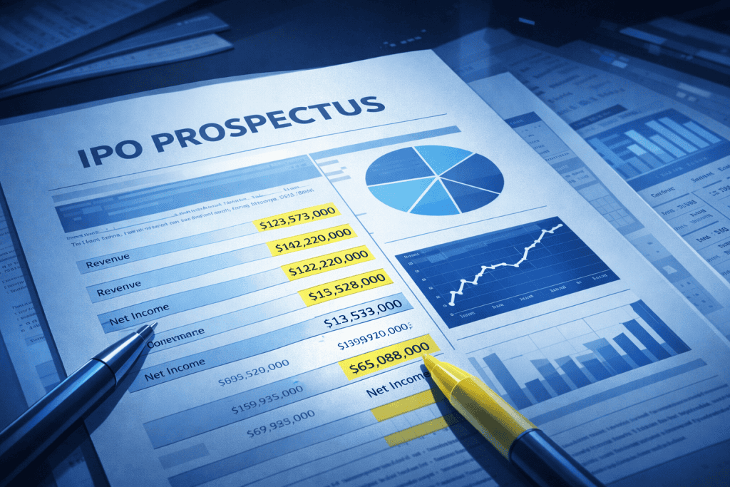 Close-up IPO prospectus with highlighted financial data and charts.