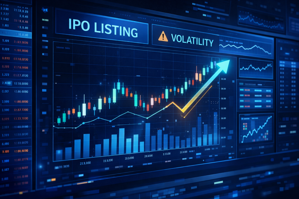 Trading screen shows IPO volatility with candlestick and volume charts.