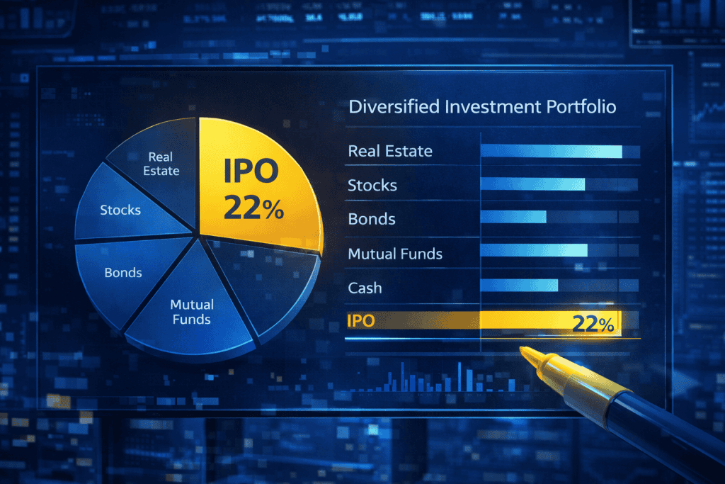 Portfolio chart highlights IPO allocation within a diversified investment mix.