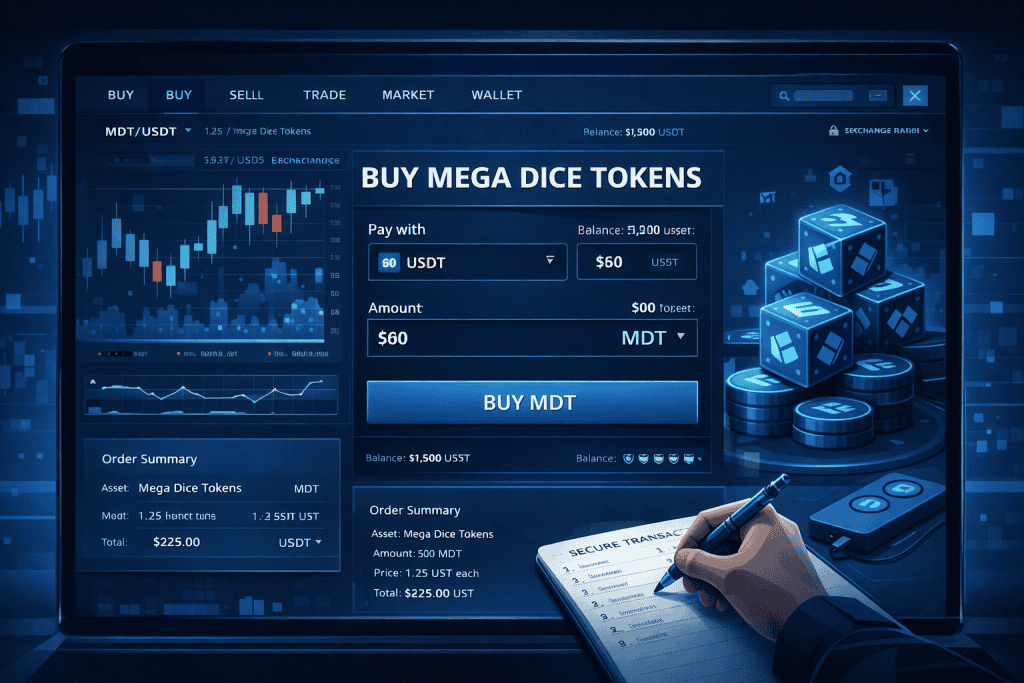Exchange screen with Buy MDT button for Mega Dice Tokens.