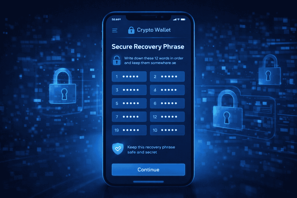 Mobile wallet shows secure recovery phrase screen with masked words.