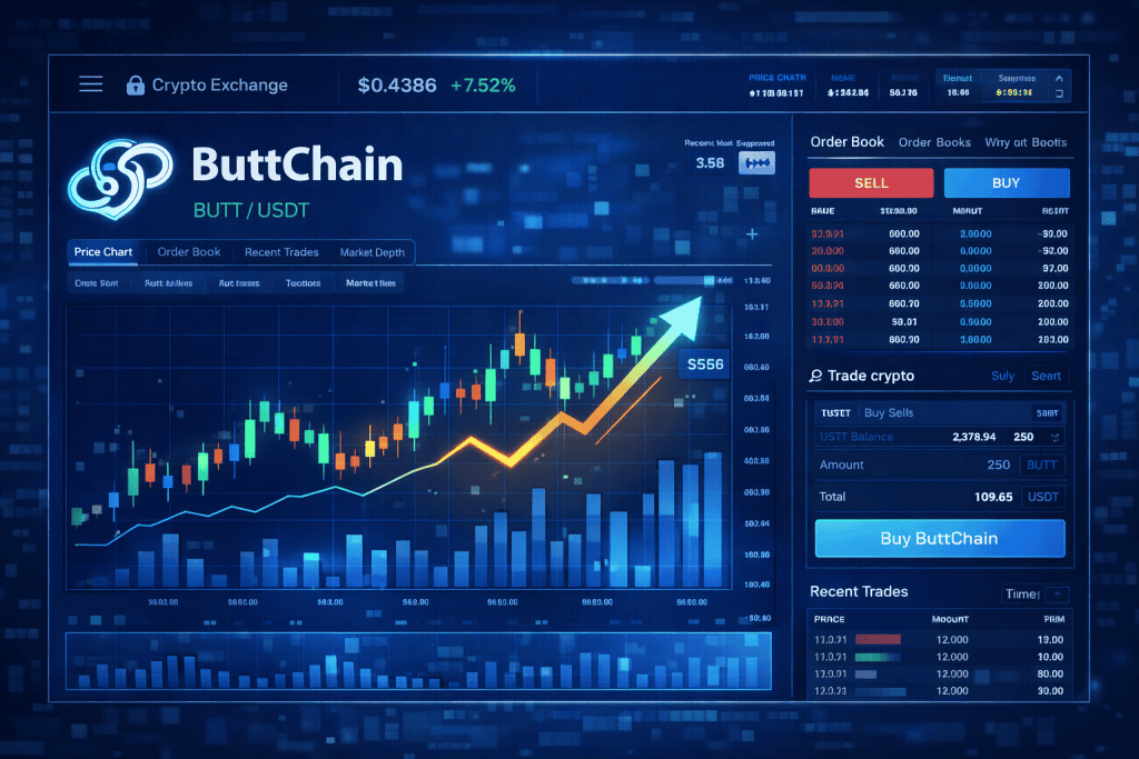 Exchange dashboard shows ButtChain trading pair with chart and buy button.