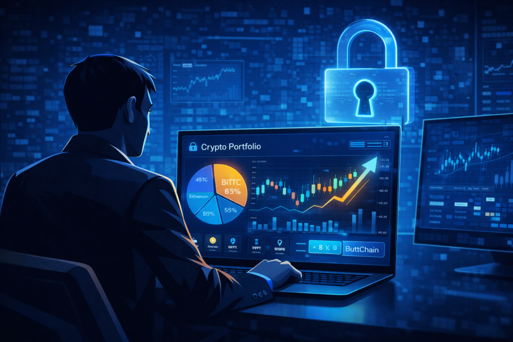 Investor reviews crypto portfolio charts with glowing security lock icon.