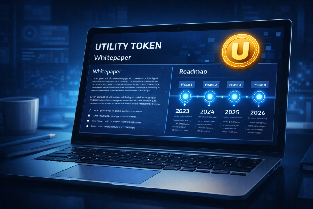Close-up laptop showing utility token whitepaper and roadmap timeline.