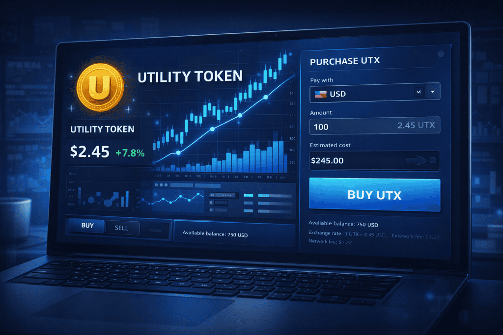 Crypto exchange interface showing utility token purchase form and buy button.