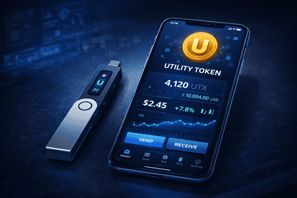 Hardware wallet beside smartphone with utility token wallet app open.
