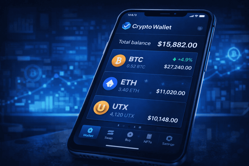 Close-up crypto wallet app showing token balance on smartphone.
