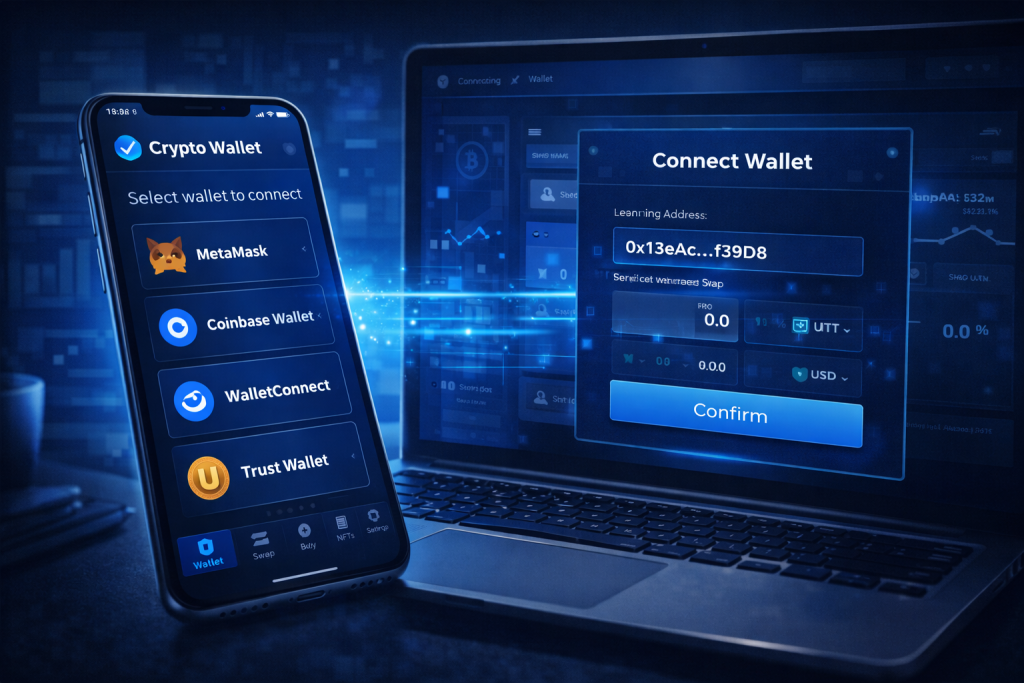 Digital wallet connecting to decentralized exchange interface on laptop.