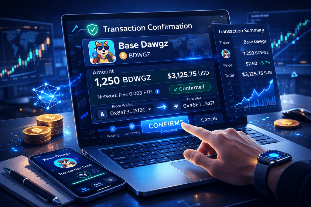 Crypto transaction confirmation screen for Base Dawgz token on laptop.