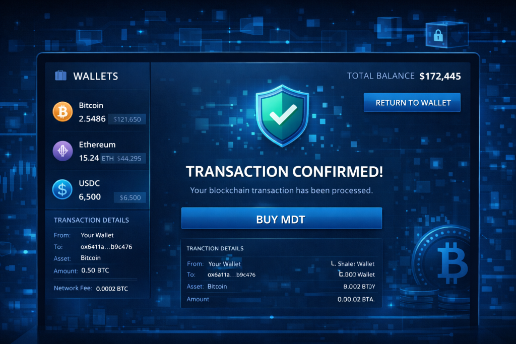 Wallet shows transaction confirmed with balances and return to wallet button.