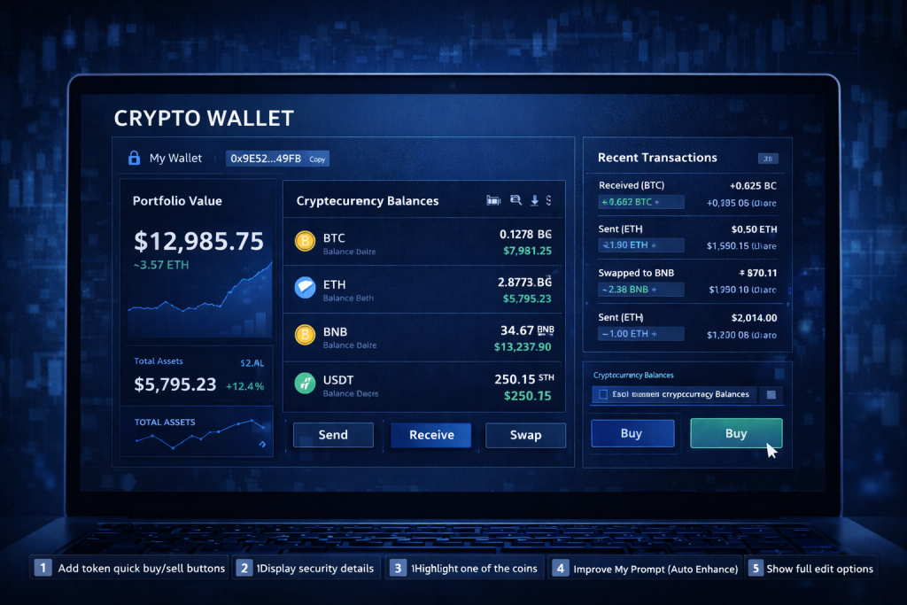 Crypto wallet dashboard showing balances, recent transactions, and send/receive buttons.