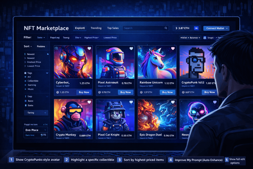 User browses NFT marketplace grid with colorful collectibles and buy buttons.