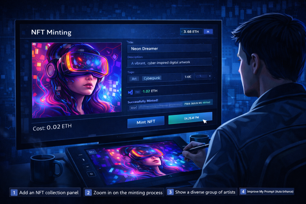 Artist mints NFT artwork using blockchain marketplace dashboard on laptop.