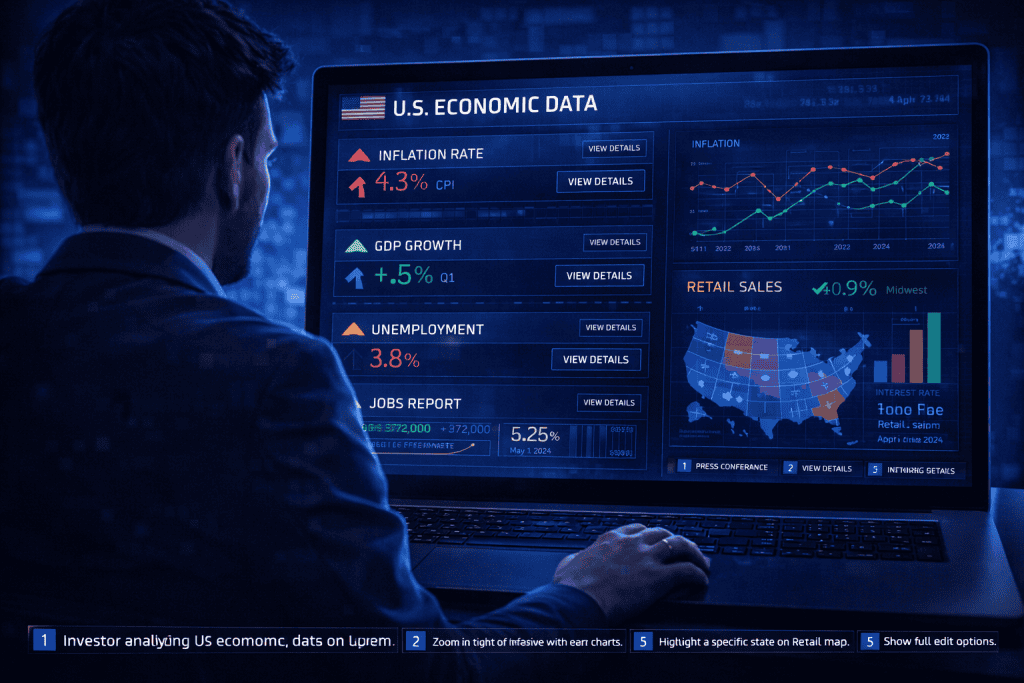 Investor reviews U.S. economic indicators dashboard with charts and regional map.