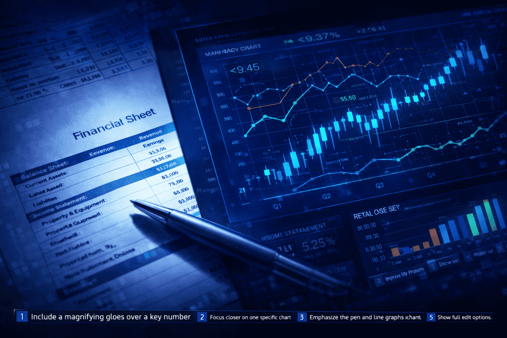 Financial statements with US stocks performance charts and trend lines in close-up.