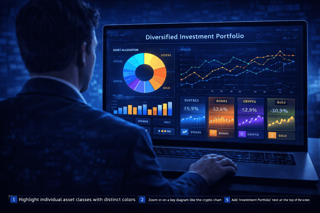 Businessperson reviews diversified portfolio dashboard with allocation pie and performance charts.