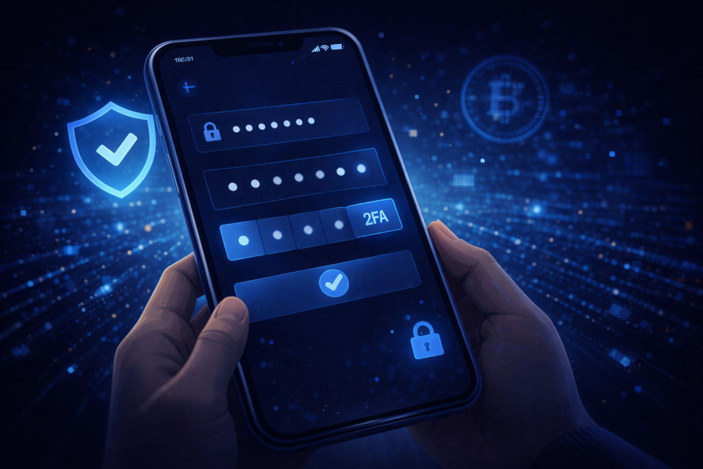 Secure crypto login with two-factor authentication on smartphone.