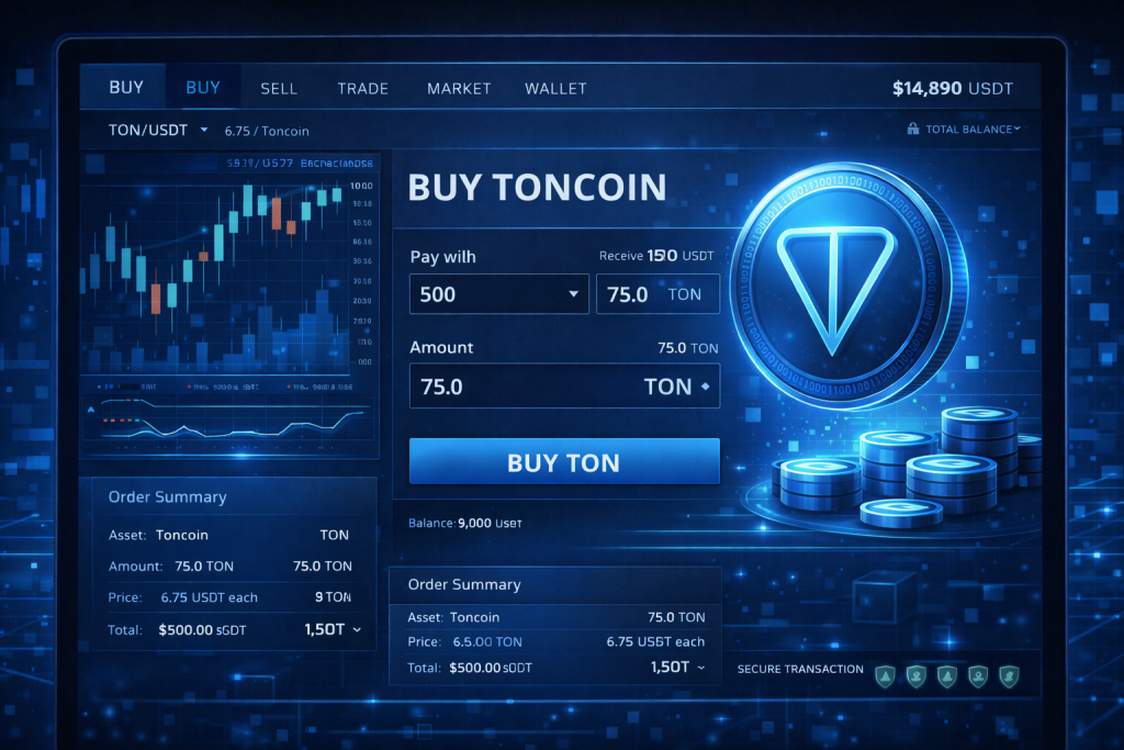 Exchange dashboard with Buy TON button and Toncoin purchase details.