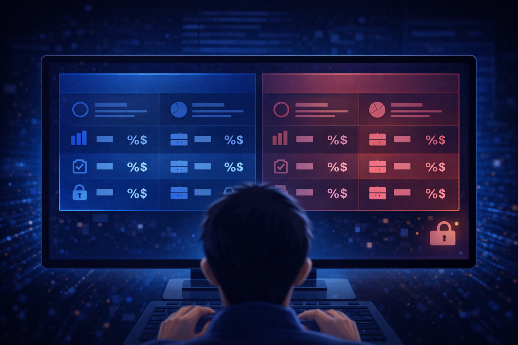 Side-by-side screen compares crypto exchange fee structures with icons.