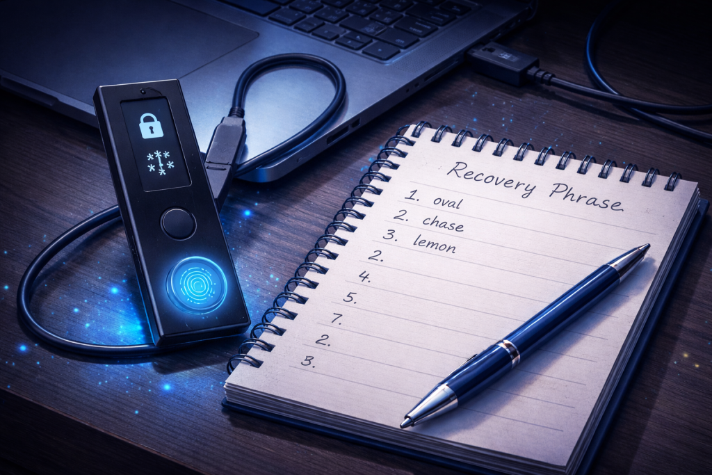 Hardware crypto wallet beside notebook for recovery seed phrase backup.