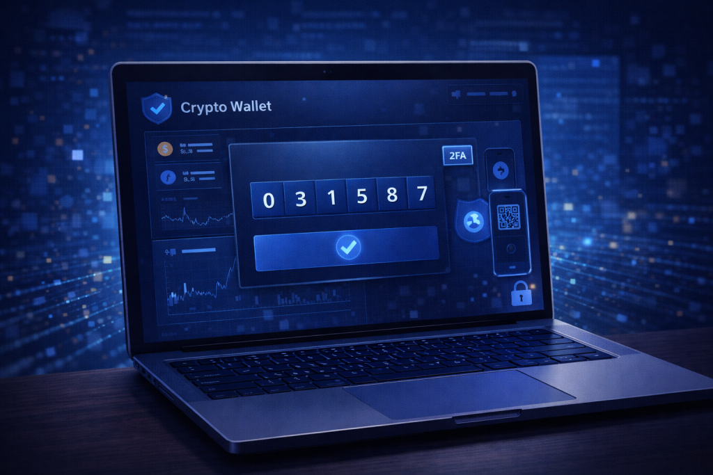 Laptop shows crypto wallet interface with two-factor authentication prompt.