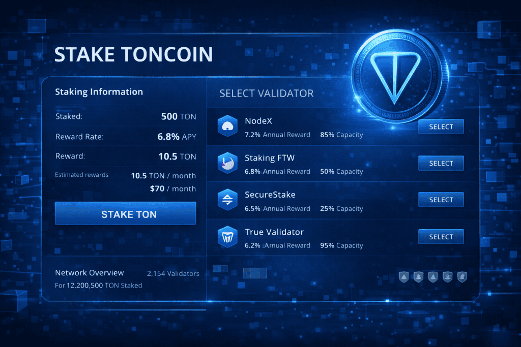 Toncoin staking screen with validator selection and reward metrics.