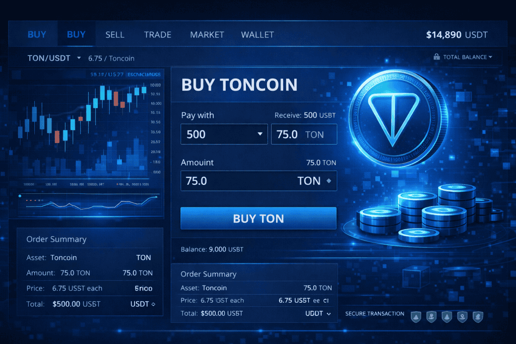 Crypto exchange dashboard showing Toncoin buy form, chart, and Buy TON button.
