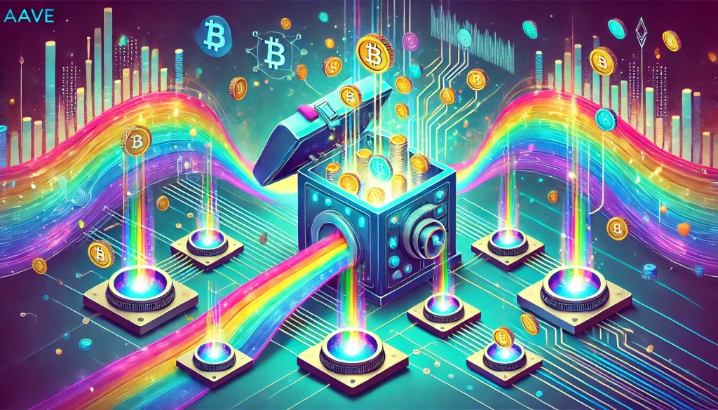 A vibrant depiction of the Aave open-source protocol, featuring a colorful vault emitting rainbow beams representing a non-customer liquidity market. Floating pools filled with tokens are interconnected by streams of light, with subtle blockchain patterns in the background and the Aave ghost logo overlooking the scene.