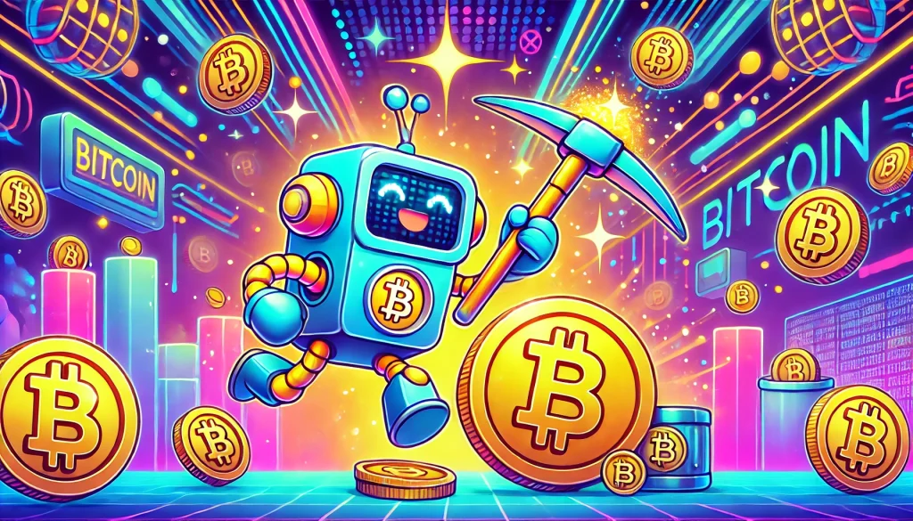 An energetic and playful scene of a cartoonish robot mining bitcoins. The robot uses ultra-modern tools to extract shiny gold bitcoins surrounded by colorful neon lights and digital symbols. The background is filled with vibrant abstract patterns in bright colors of blue, yellow, and pink.