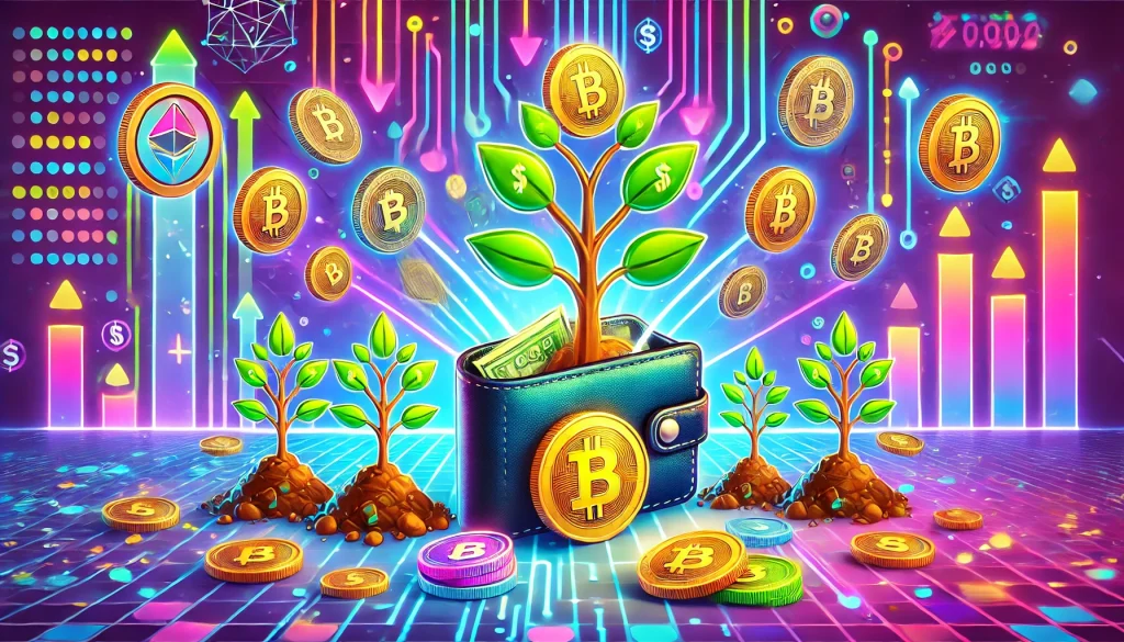 A colorful and playful scene shows cryptocurrency tokens being planted like seeds in the soil and growing into a money tree, symbolizing unearned income. Vibrant tokens spill out of a digital wallet against a neon blockchain background of blue, purple, and pink.