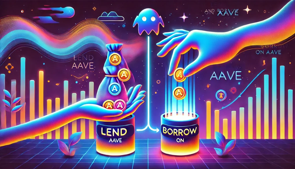 "A playful illustration of the concept of lending and borrowing on Abe: a hand pouring tokens into a glowing 'lend' container on the left, and a hand receiving tokens from a 'borrow' container on the right. The shaft of light connecting the two actions symbolizes seamless interaction within the Abe ecosystem, and the Abe ghost logo is emblazoned on top