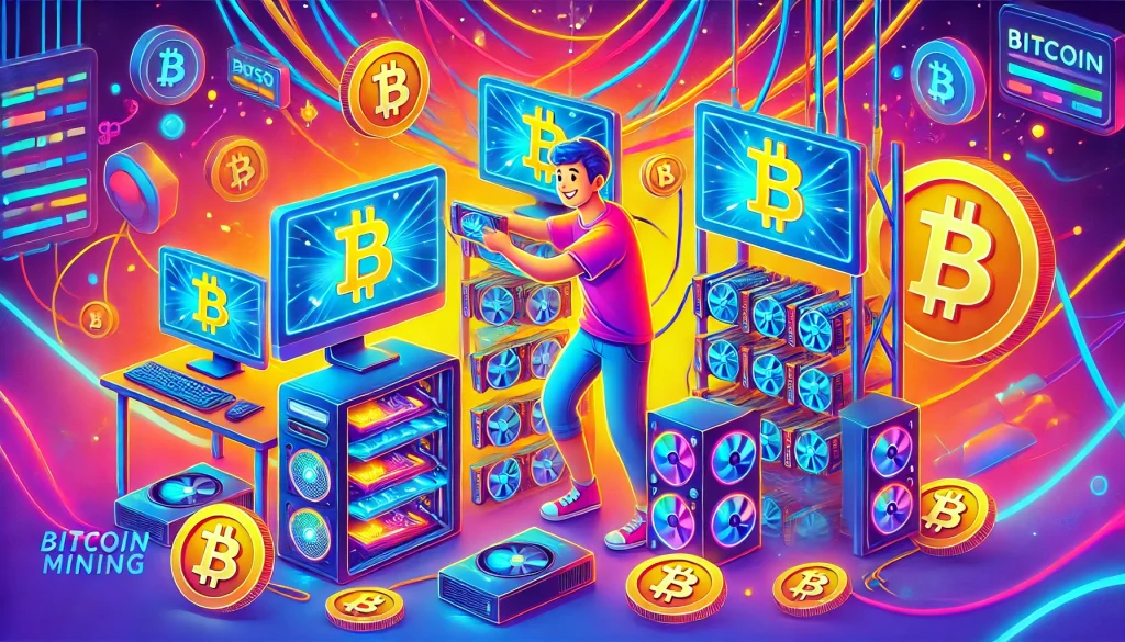 A colorful and energetic depiction of someone setting up a bitcoin mining operation. The scene features a computer setup and a person or character connecting a glowing screen, graphics card, and cables, surrounded by neon bitcoin symbols. The background is filled with bright, abstract patterns in blues, yellows, and pinks, creating an energetic atmosphere.