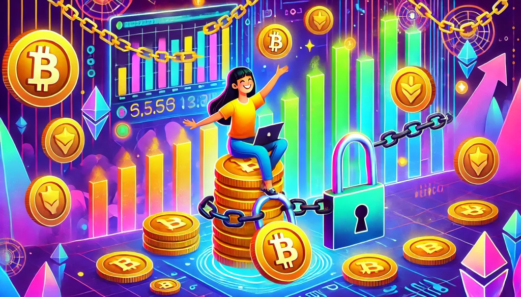 A futuristic, colorful scene of a person monitoring a digital wallet where brightly colored cryptocurrency tokens are securely locked away. In the background is an uptrend chart and neon blockchain patterns symbolizing successful staking.