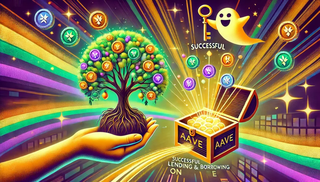 A visualization celebrating successful lending and borrowing in Abe. In the left hand, a flourishing tree with token fruits symbolizing growth from loans is depicted. In the right hand, a hand with a key opens a treasure chest full of tokens, symbolizing successful borrowing. There is a golden stream of energy connecting the two, and the top is emblazoned with the joyful Abe ghost logo.