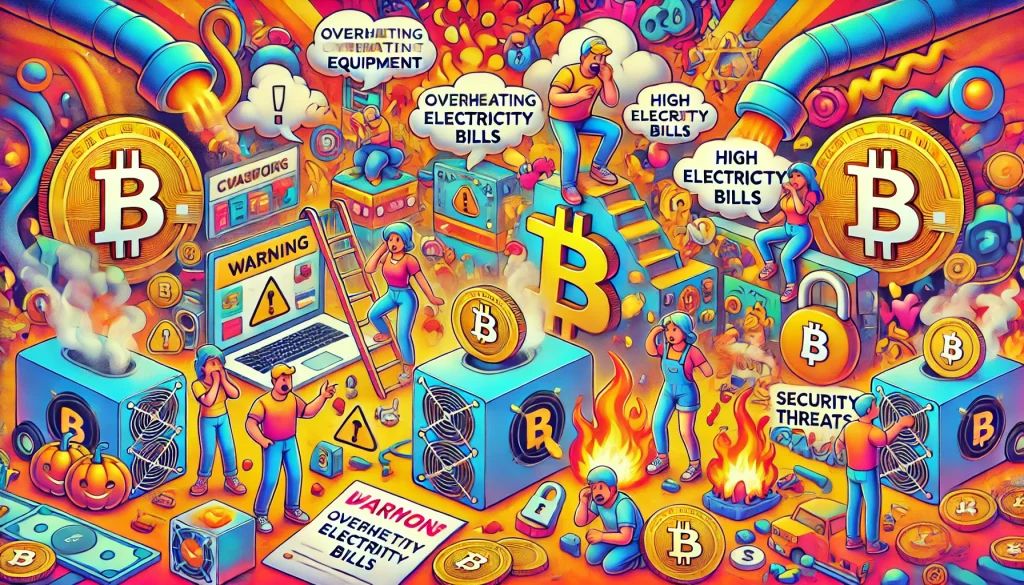 It's a chaotic and playful scene that illustrates the common pitfalls of Bitcoin mining. The cartoonish characters face challenges such as overheated computers belching smoke, huge electricity bills, and security threats represented by padlocks. The background is a mix of bright neon reds, yellows, and oranges in abstract patterns, conveying a sense of vigilance in a fun and engaging way.