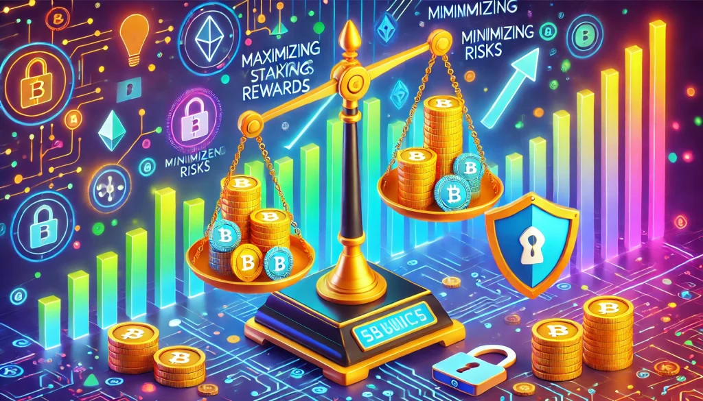 A fun balancing scale with cryptocurrency coins on one side symbolizing rewards and a shield on the other symbolizing minimized risk. Surrounding the scale is a vibrant neon background with blockchain patterns, an upward-pointing growth chart, and a digital padlock.