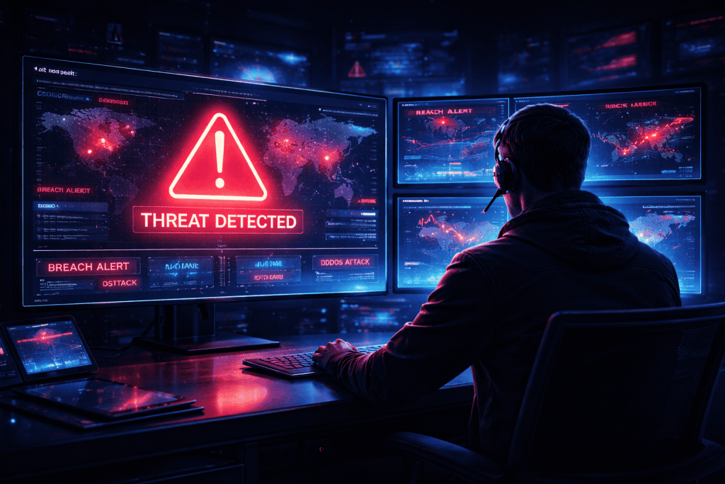 Cybersecurity analyst monitoring glowing threat alerts in a dark ops center.
