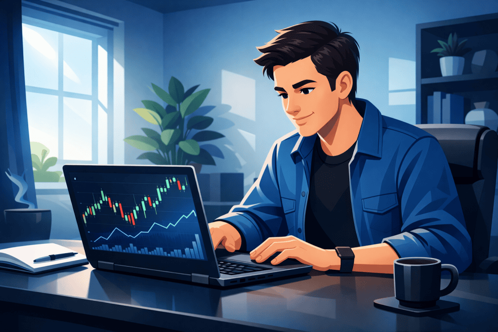Confident beginner investor reviewing stock market charts on a laptop at home.