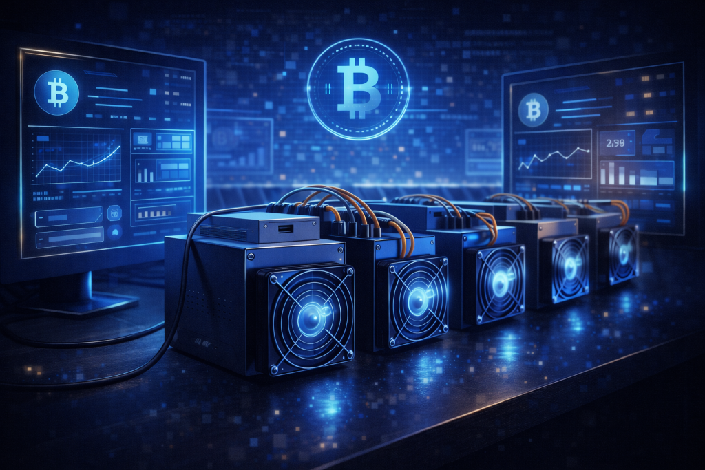 ASIC mining Bitcoin rigs with glowing screens in a modern setup.